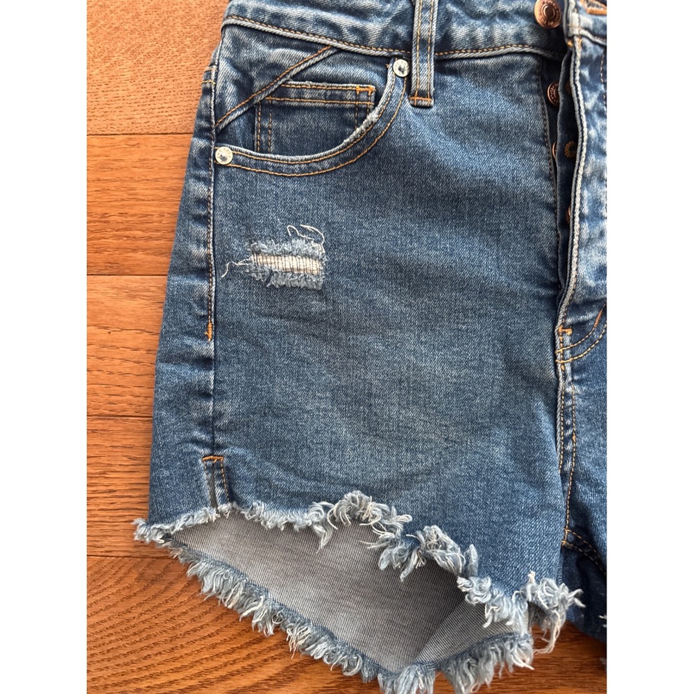 We The Free Free People High Rise Distressed Denim Shorts Button Fly Blue Sz 25 - Picture 3 of 7